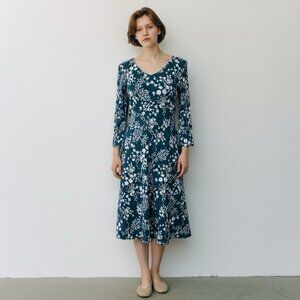 Pact Organic Womens Party Dress Sz Small Dark Teal Blue White Floral Midi V-neck